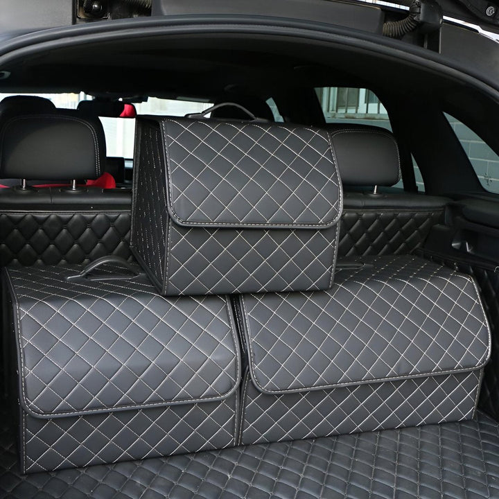 Luxuriöse faltbare Kofferraum-Aufbewahrungsbox aus Leder für perfekte Auto Ordnung und Zubehör.