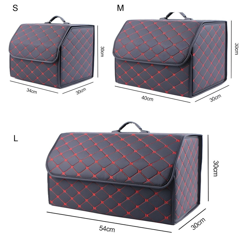 Faltbarer Auto Organizer aus hochwertigem Leder für Kofferraum-Ordnung. Praktisches Luxus Zubehör.