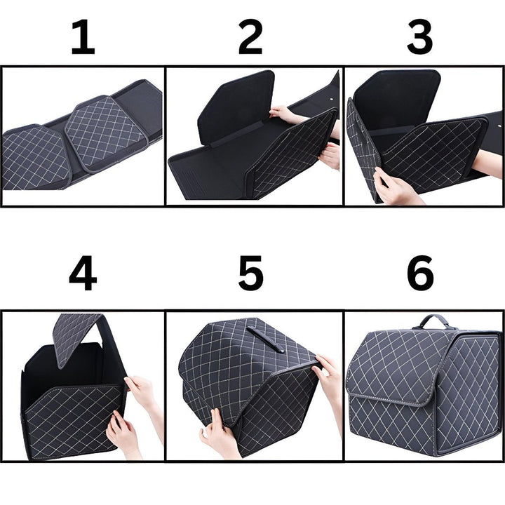 Robuster Leder Organizer für den Kofferraum. Luxuriöse faltbare Aufbewahrungsbox als Auto Zubehör für Ordnung.