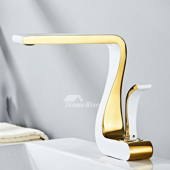 Luxuriöse Gold-Weiß Einhand-Waschbeckenarmatur für ein modernes Badezimmer-Design.