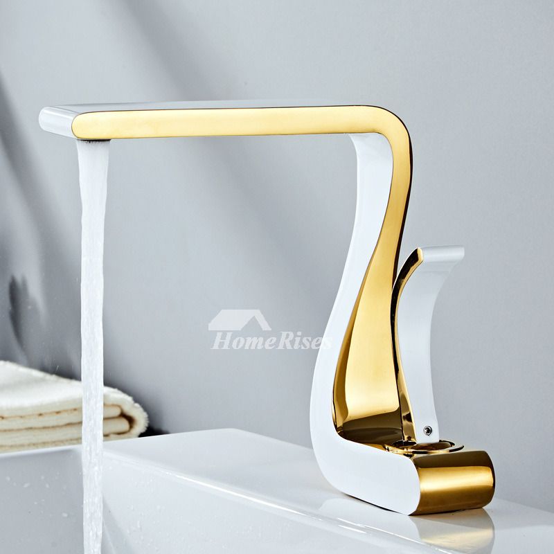 Moderne Designer Badarmatur in Gold & Weiß, ein luxuriöser Einhand-Wasserhahn fürs Waschbecken.
