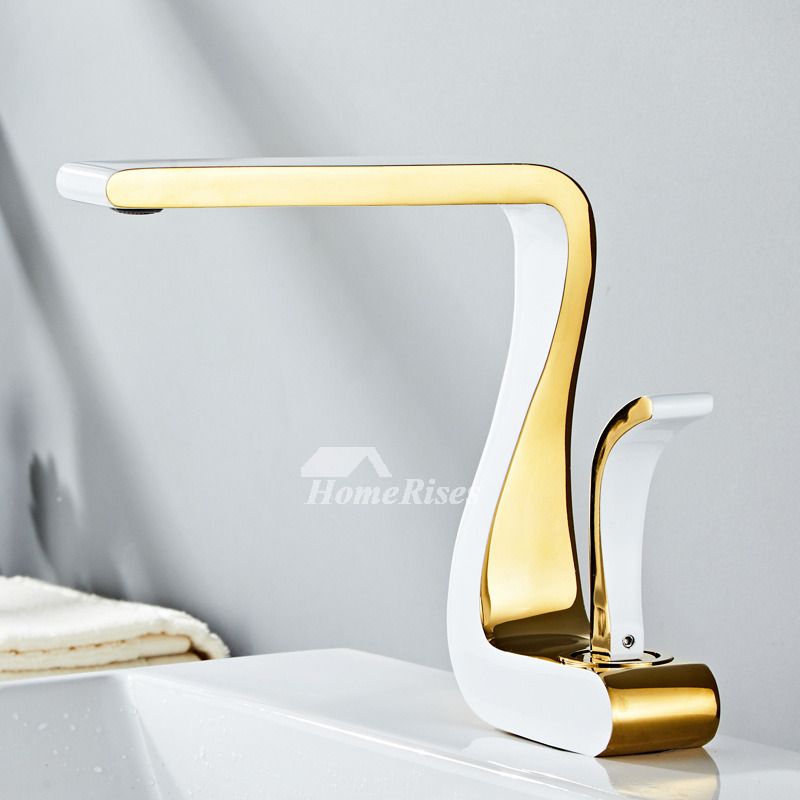 Luxuriöse Gold-Weiß Waschtischarmatur, modern. Eleganter Einhandmischer für stilvolles Badezimmer-Design.