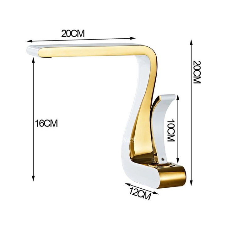 Hochwertige Gold-Weiß Waschtischarmatur. Moderner Einhandmischer, luxuriöse Badarmatur für Eleganz.