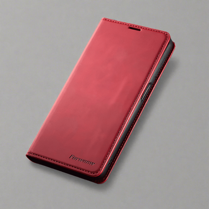 iPhone 15 Lederhülle mit drei Kartenfächern, Seitenfach & sicherer Magnetverschluss-Funktion.