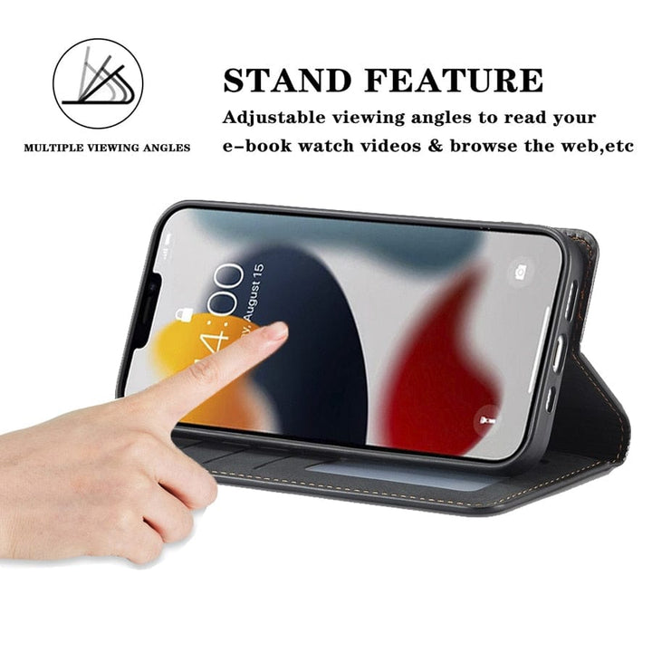 Elegante iPhone 15 Klapphülle aus Kunstleder, mit 3 Kartenfächern & starkem Magnetverschluss.