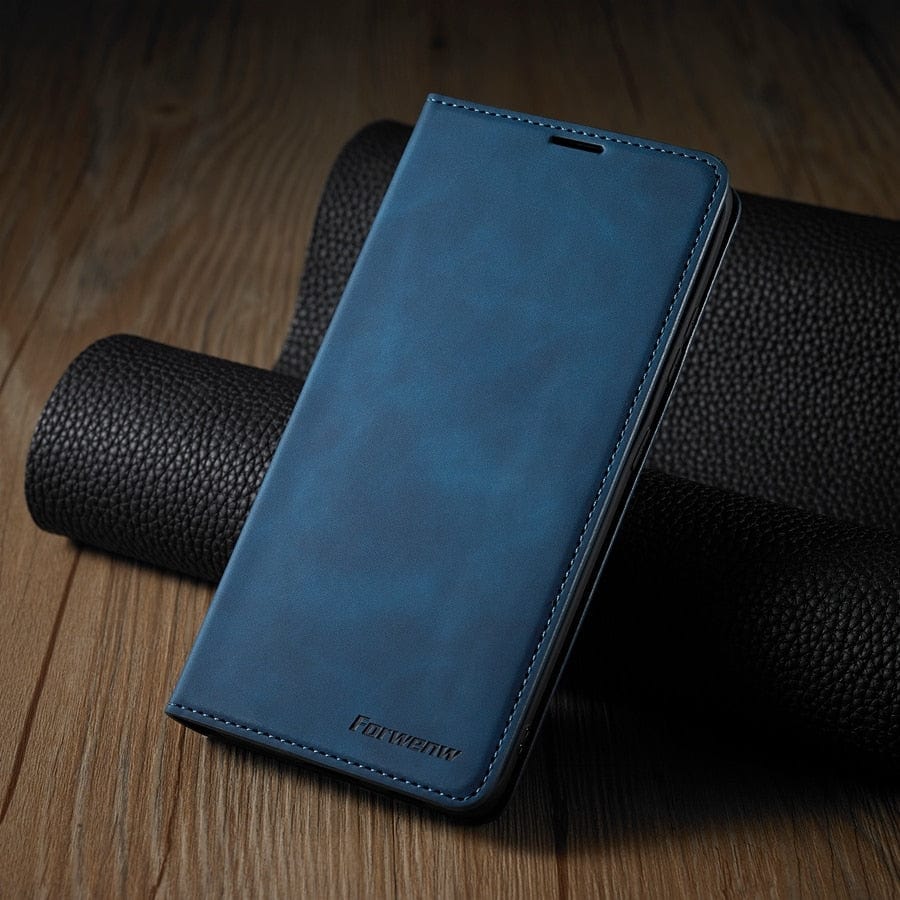 Premium iPhone 15 Handyhülle aus Kunstleder, stoßfest, mit Kartenfächern & Magnetverschluss.