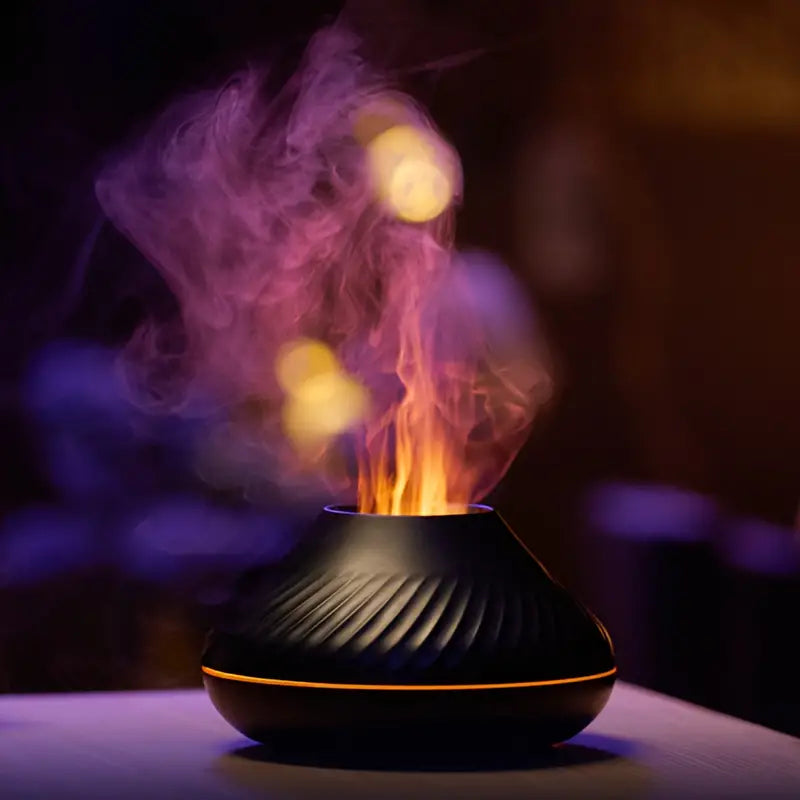 Stimmungsvoller Aromadiffuser mit Flammeneffekt, der eine beruhigende Atmosphäre schafft und die Luft befeuchtet.