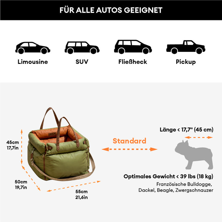 Pflegeleichtes Hundeautositz-Bett aus Kunstleder, für einen sauberen Autoinnenraum.