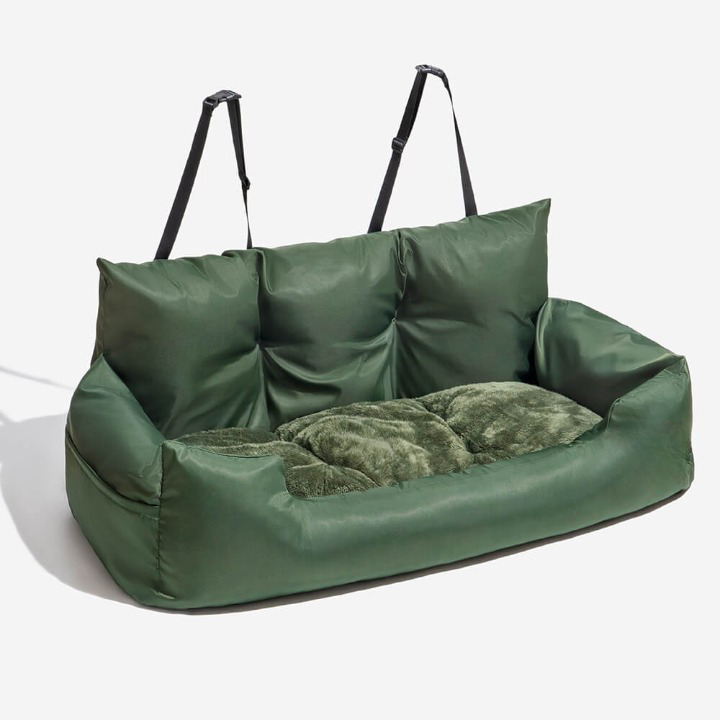 Waschbares PawsRest Hunde Reisebett für Auto. Hygienisches, luxuriöses Haustierbett für komfortable Reisen.