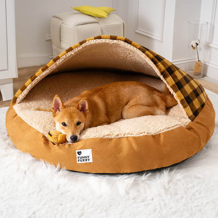 Luxuriöses Plüsch-Hundebett mit Baldachin, rund, für süße Träume des Haustiers.