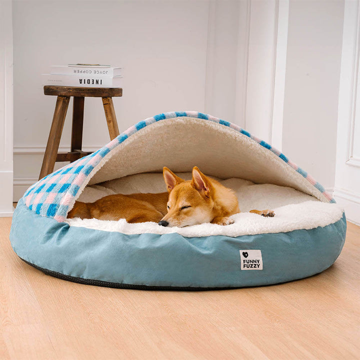 Premium-Hundebett, rund, Plüsch, mit einem schönen Baldachin, sehr gemütlich für Hunde.