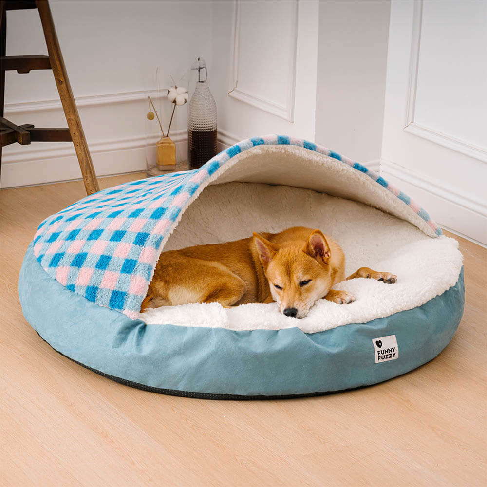 Hundebett mit Baldachin, super weicher Plüsch, ein luxuriöser und runder Schlafplatz.