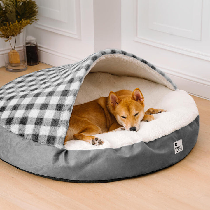 Exklusives Hundebett, rundes Plüsch, mit Baldachin für verwöhnte Haustiere und Komfort.