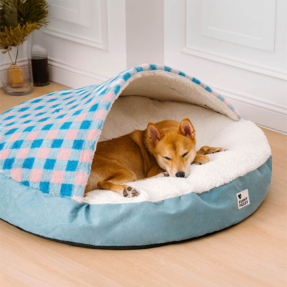Elegantes Hundebett mit Baldachin, luxuriöser Komfort und weicher Plüsch für Hunde.