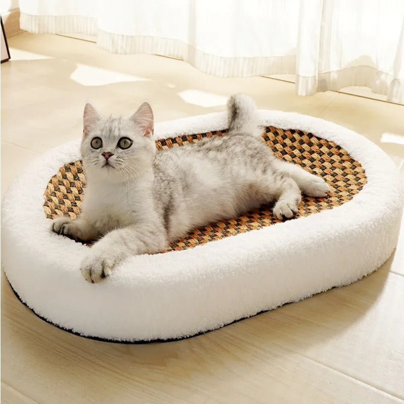 Luxus Katzenbett mit integrierter Kratzplatte für hohen Tierkomfort. Ideal für große Katzen.