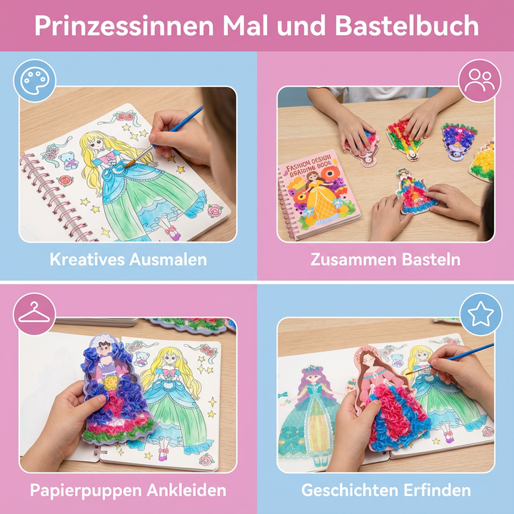 Interaktives Bastelbuch für Kinder: Prinzessinnen-Malbilder & kreative Projekte für stundenlangen Spaß.