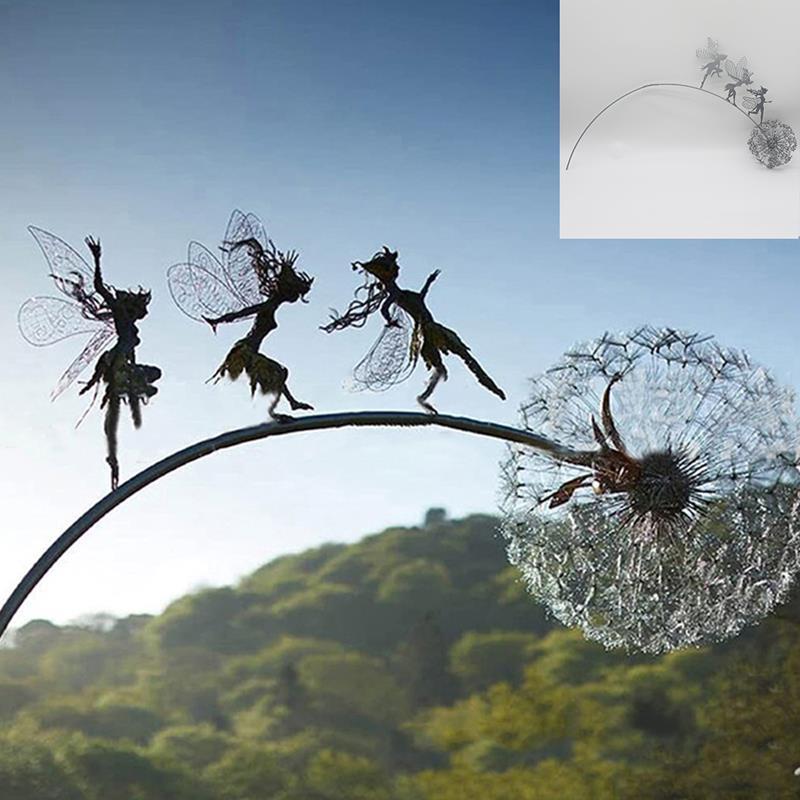Märchenhafte Feen- & Löwenzahn-Garten-Skulptur aus wetterfestem Metall für Outdoor-Deko.