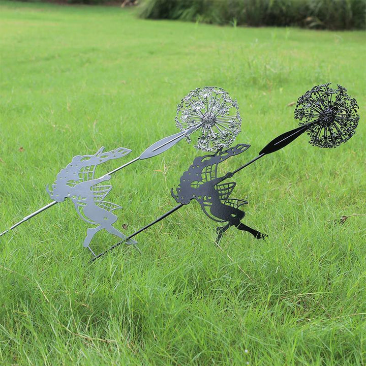 Elegante Garten-Skulptur: filigrane Fee tanzt auf Löwenzahn, wetterfeste Outdoor-Dekoration.