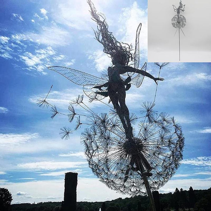 Outdoor-Skulptur: Fee & Löwenzahn als Blickfang in Rasen und Landschaft, wetterfest & dekorativ.