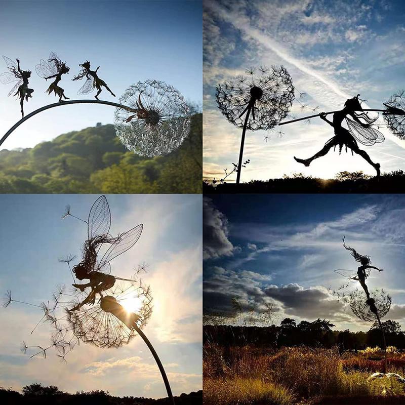 Filigrane Fee auf Pusteblume, Metallskulptur für Feengarten und Landschaftsgestaltung.