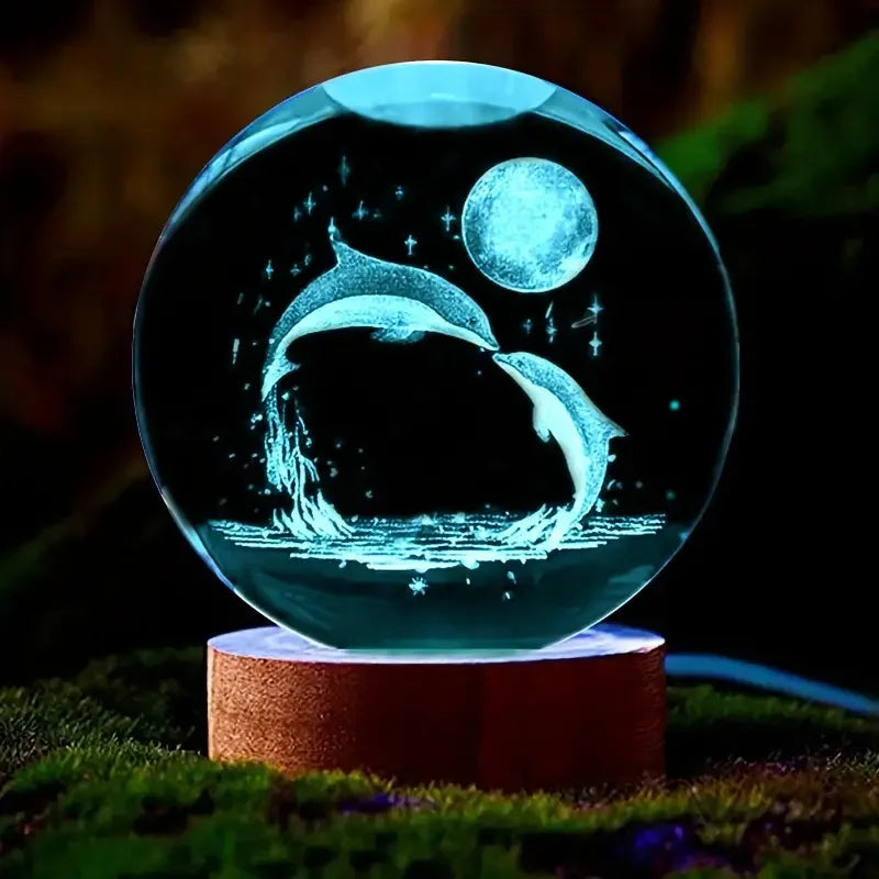 Magische Kristallkugel mit 3D-Delfin und leuchtendem LED-Sockel, ideal als Nachtlicht & stilvolle Dekoration.
