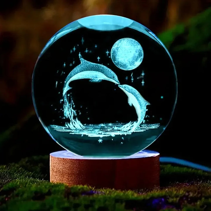 Magische Kristallkugel mit 3D-Delfin und leuchtendem LED-Sockel, ideal als Nachtlicht & stilvolle Dekoration.