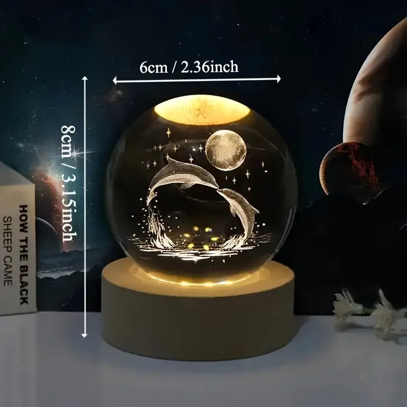 Detailaufnahme der Kristallkugel: 3D-gravierter Delfin im Glas, stimmungsvoll beleuchtet von farbigem LED-Licht.