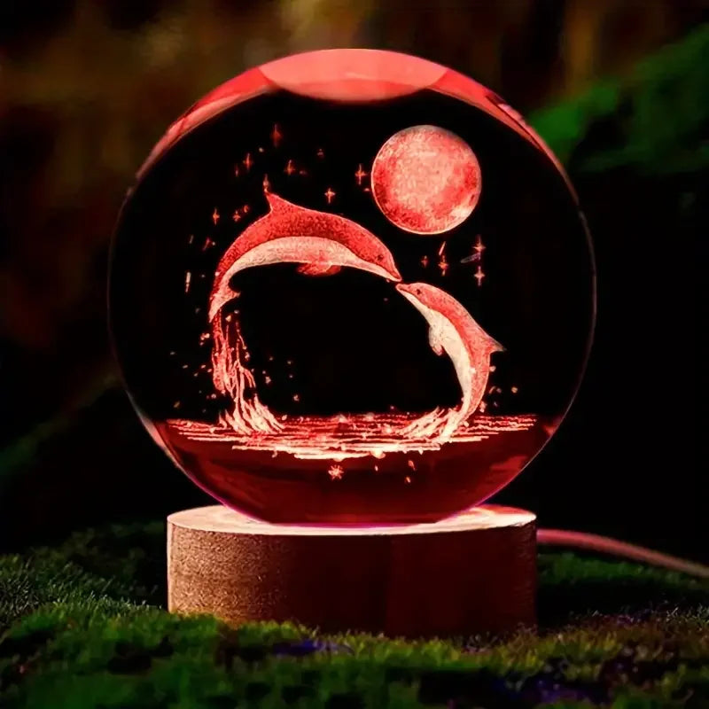 Kristallkugel mit graviertem Delfinmotiv und LED-Holzsockel. Eine einzigartige Geschenkidee & Meeres-Dekoration.