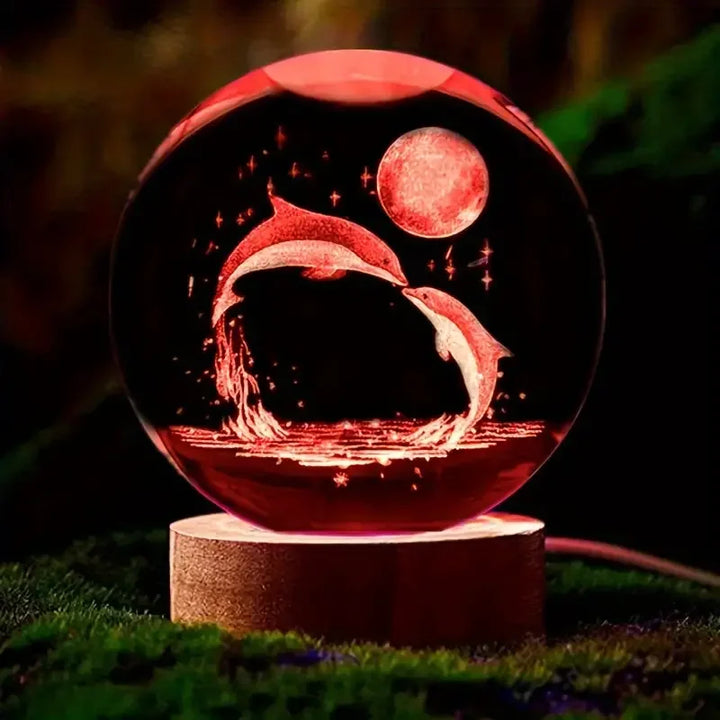 Kristallkugel mit graviertem Delfinmotiv und LED-Holzsockel. Eine einzigartige Geschenkidee & Meeres-Dekoration.