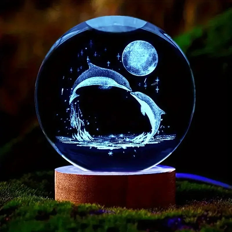 Delfin-Kristallkugel mit LED-Sockel. Wunderschönes Stimmungslicht & dekoratives Meeresmotiv für Zuhause.