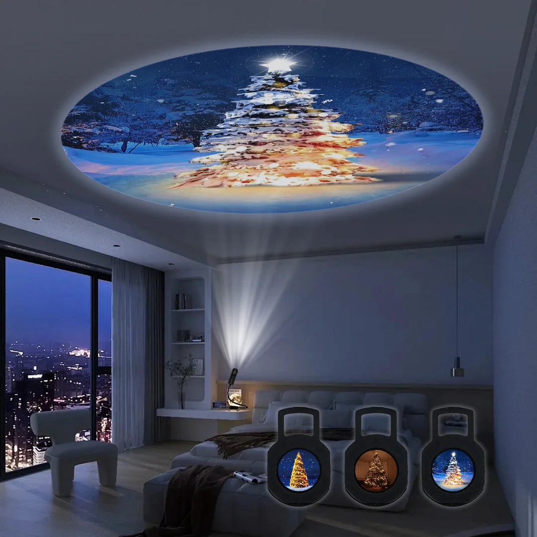 Magische LED Weihnachtsbaum Projektionslampe für Zuhause, die Schneeflocken und Sterne projiziert.