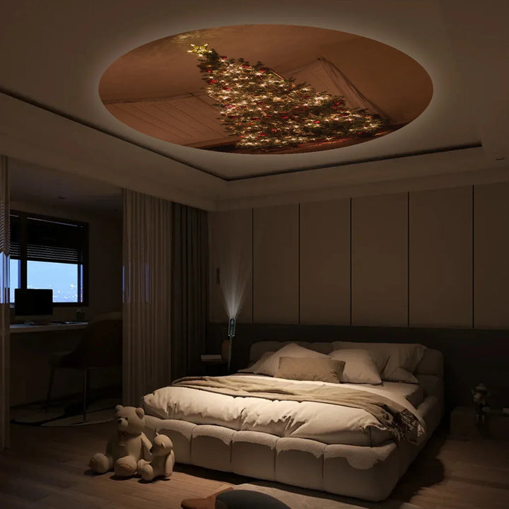 Festliche LED Projektionslampe mit tanzenden Schneeflocken & Sternen an Wand/Decke für weihnachtliche Stimmung.