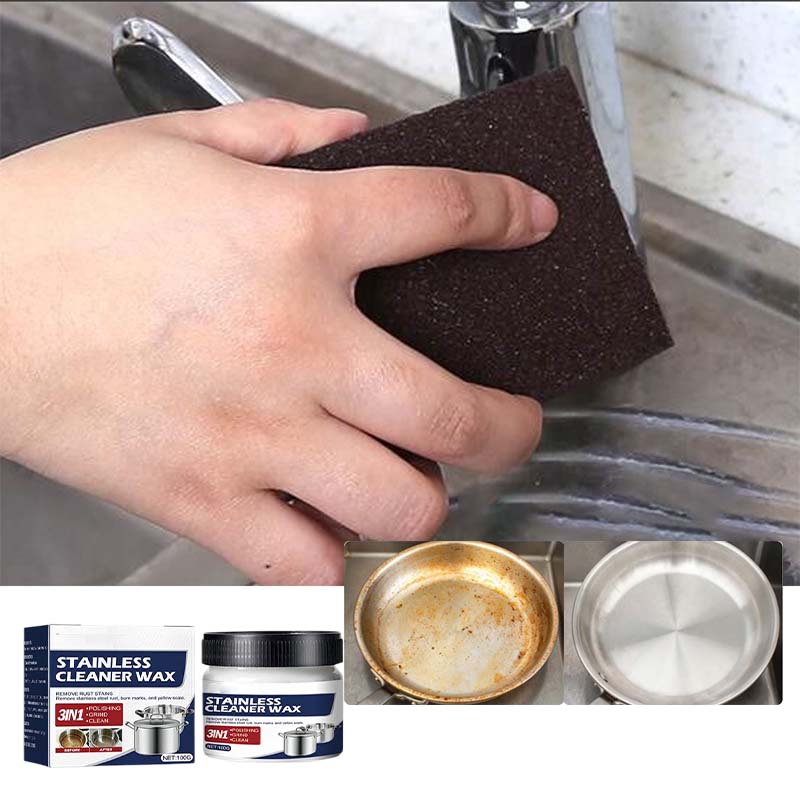 Die Nano Edelstahl Reinigungs-Paste inmitten glänzender Küchengeräte für eine saubere Küche.
