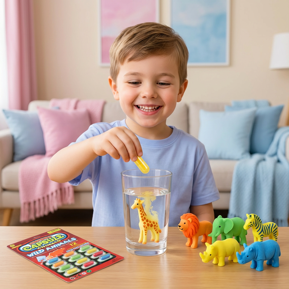 Bunte Wachstumskapseln für Kinder, die im Wasser zu Tierfiguren werden. Kreatives Zauberspielzeug.