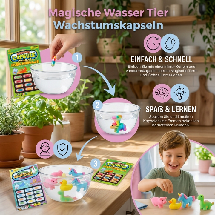 Tier Wachstumskapseln entfalten sich im Wasser. Faszinierendes Lernspielzeug & Experimentierbox für Kinder.