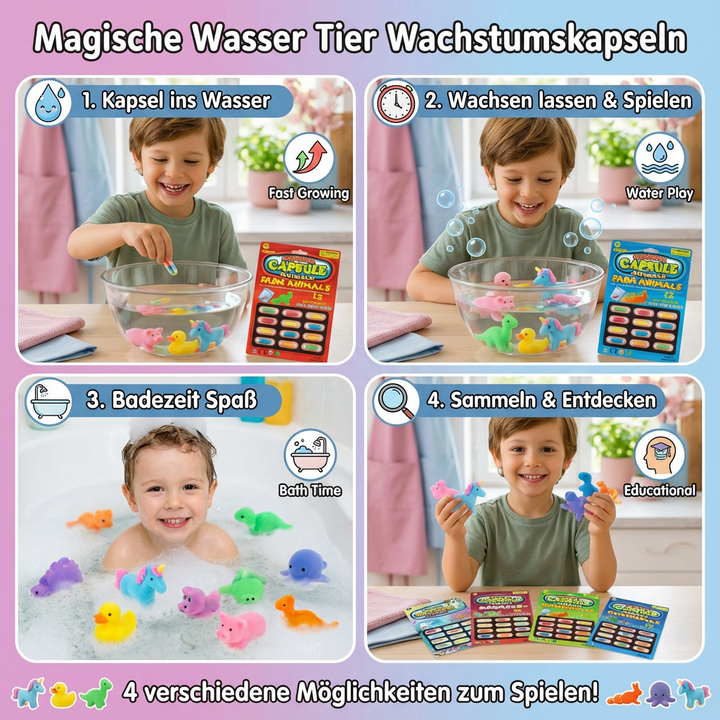 Kind spielt begeistert mit magischen Tier Wachstumskapseln. Spielerisches Experimentierbox Lernspielzeug.