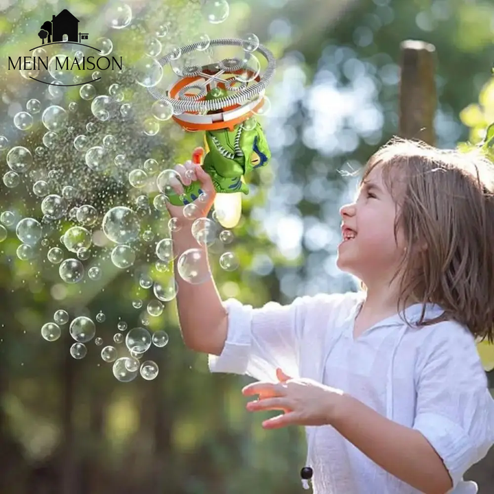 Magischer Seifenblasen-Dinosaurier, grüne Bubbelmaschine für Kinder, BPA-frei, ideal für Outdoor-Spiel.