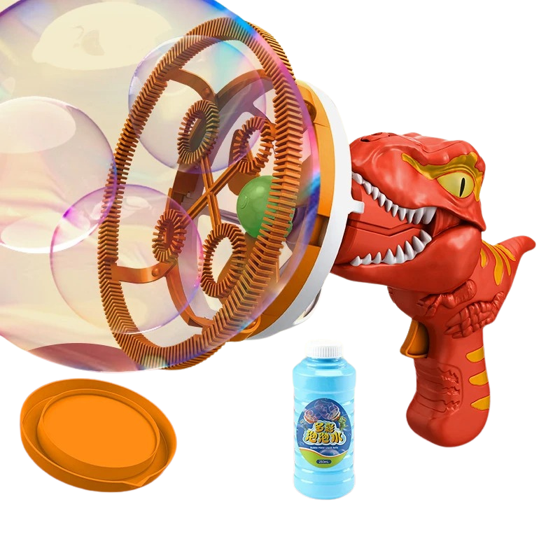 Nachfüllen der Seifenblasenflüssigkeit für den Dino-Bubbelmaschine, einfaches Outdoor-Spiel, sofortiger Spaß.