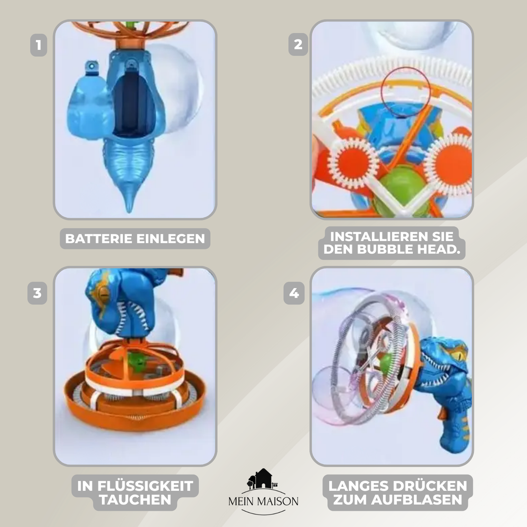 Nahaufnahme des grünen Seifenblasen-Dinosauriers, detailliertes Kinder-Spielzeug für Garten und Spaß.