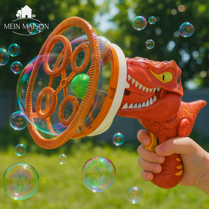 Grüner Seifenblasen-Dino von der Seite, langlebiges Kinder-Spielzeug, einfach zu bedienende Bubbelmaschine.