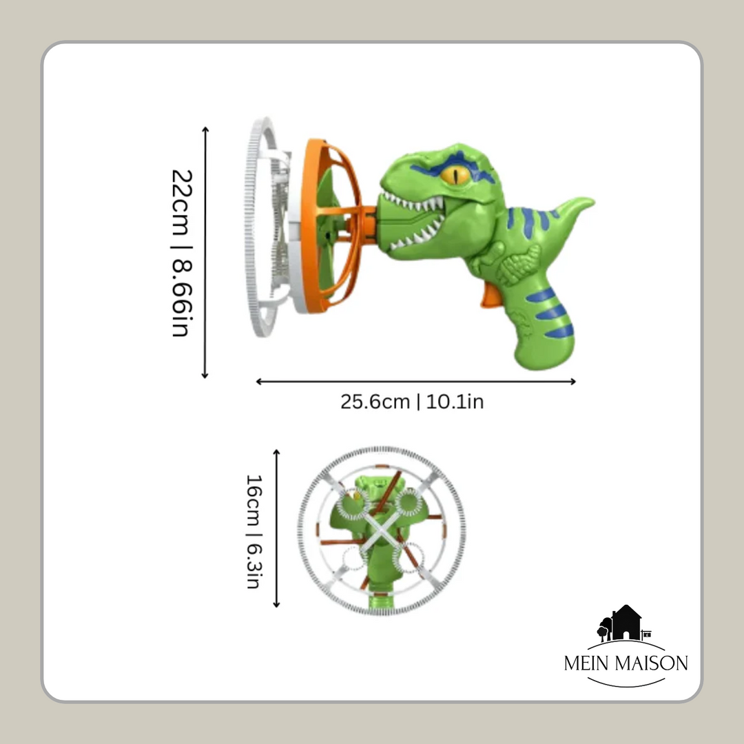 Kinder lachen und jagen Seifenblasen des Dino-Spielzeugs, Gruppenspiel im Freien, Bubbelmaschine Spaß.