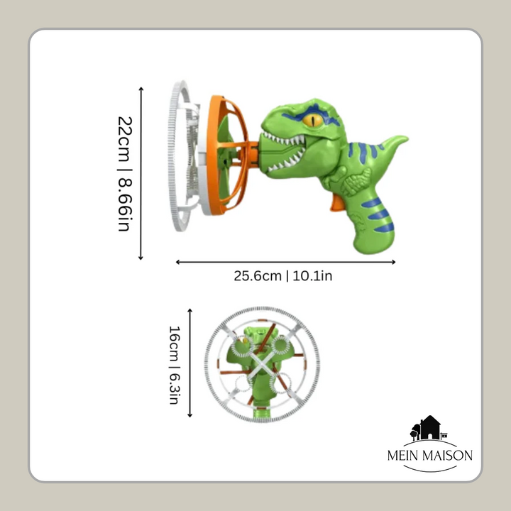 Kinder lachen und jagen Seifenblasen des Dino-Spielzeugs, Gruppenspiel im Freien, Bubbelmaschine Spaß.