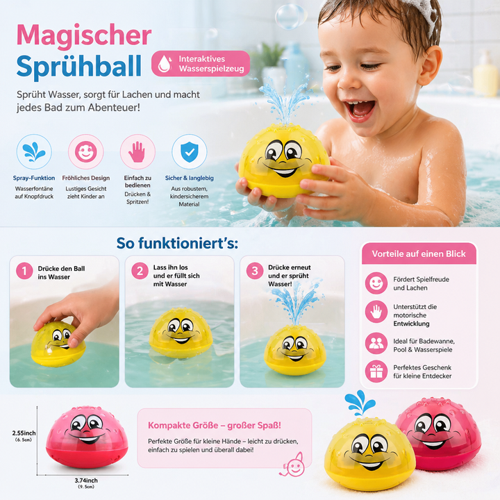 Lernspielzeug Sprühball für Kinder, interaktives Badespielzeug, fördert Sensorik & motorische Fähigkeiten.