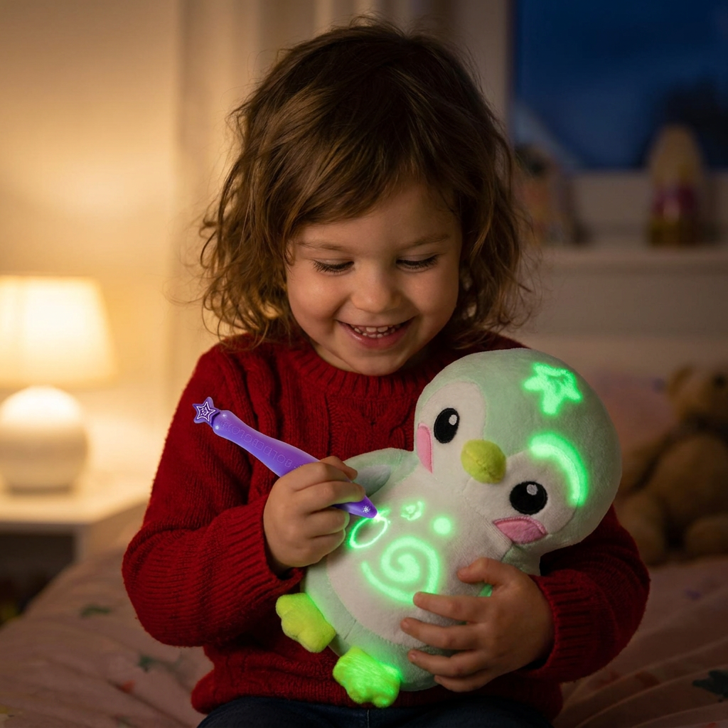 Zauberhaftes Kuscheltier mit Leuchtstift, das mit Lichteffekten Kinder begeistert. Interaktives Spielzeug zur Förderung.