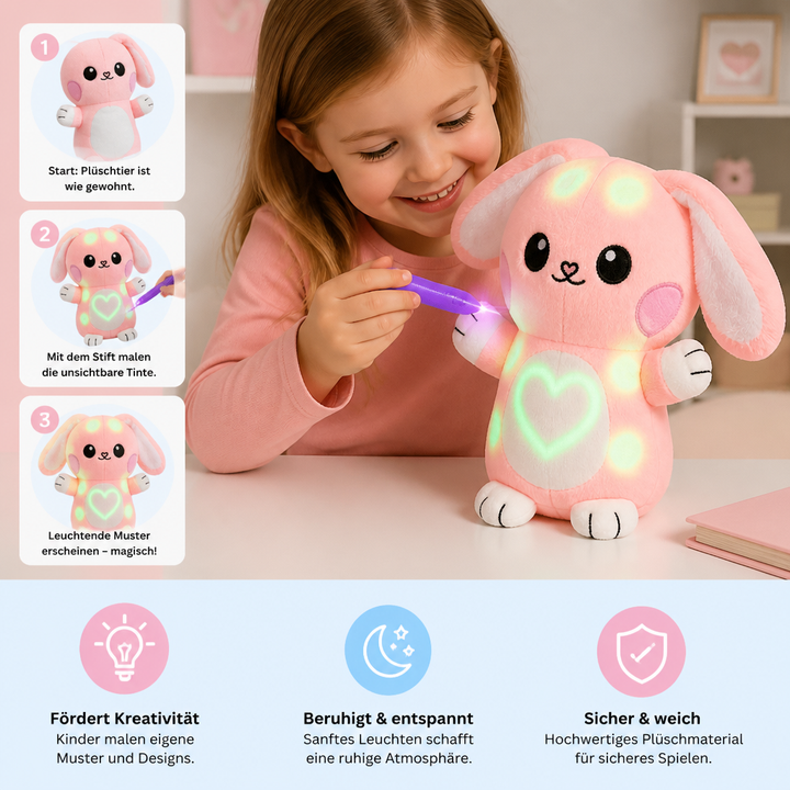 Pädagogisches Leucht-Plüschtier mit Stift für Kinder. Fördert Feinmotorik, Kreativität & entspannende Lichteffekte.