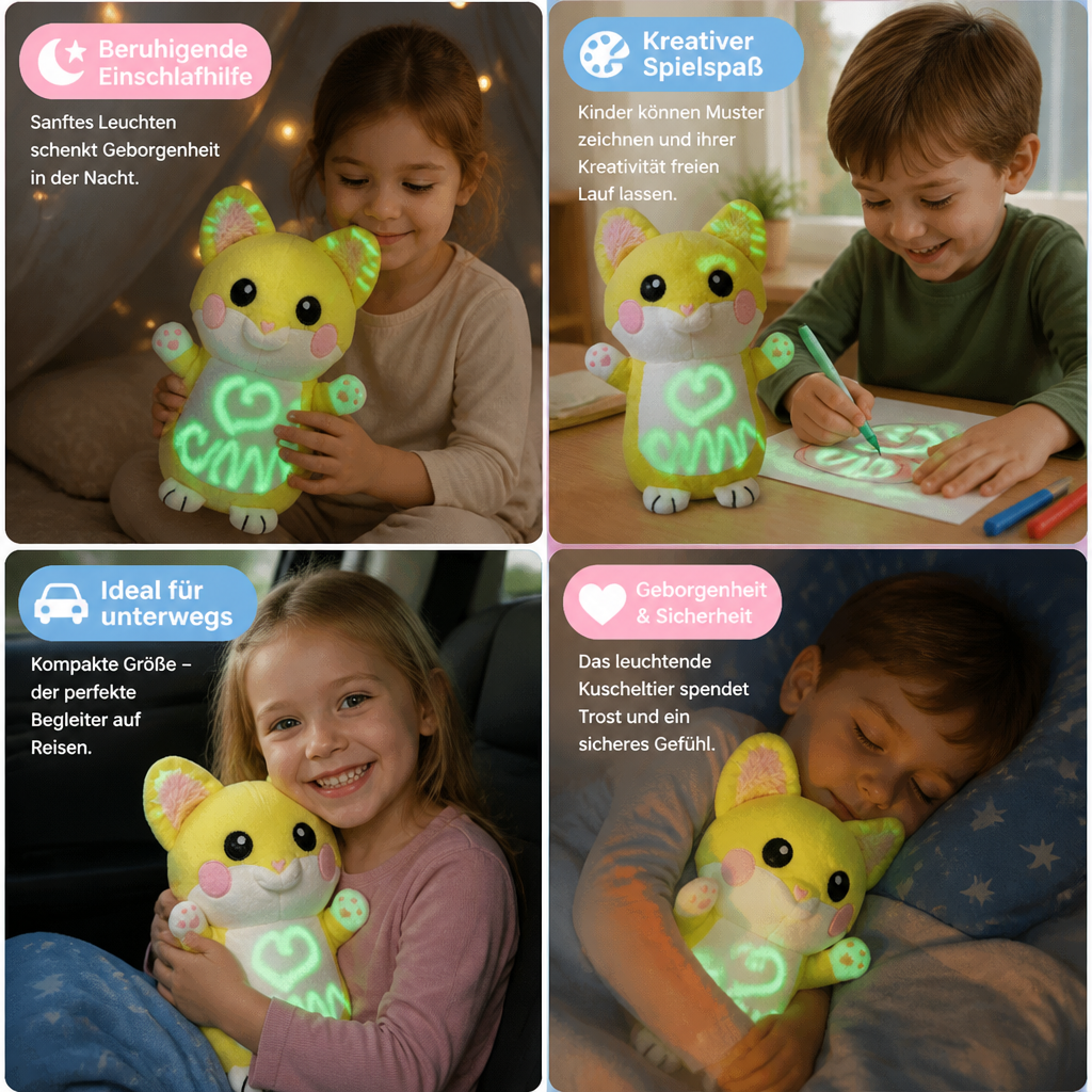 Detailansicht: Weiches, magisches Kuscheltier mit Leuchtfunktion. Perfektes Geschenk für Kinder, fördert die Fantasie.