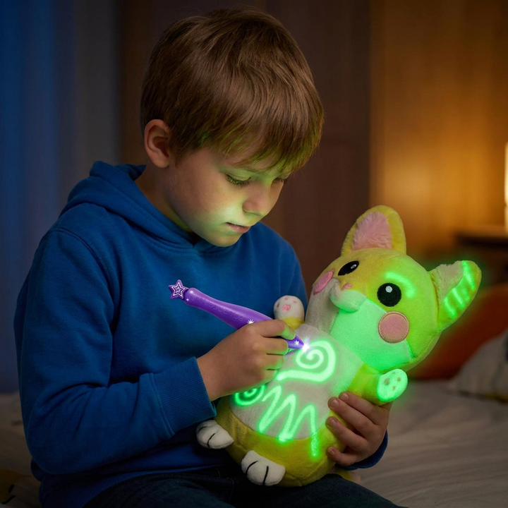 Leuchtendes Kuscheltier im Dunkeln, mit magischen Lichteffekten durch Leuchtstift. Beruhigendes Plüschtier für Kinder.