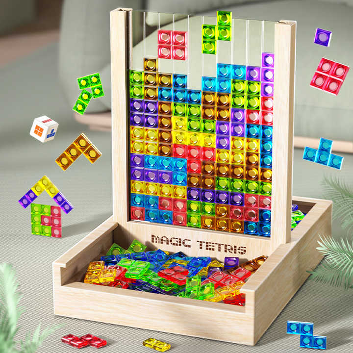 Nahaufnahme des Tetris Puzzle-Spiels mit bunten Bausteinen. Fördert Logik, Geduld & Geschicklichkeit bei Kindern.