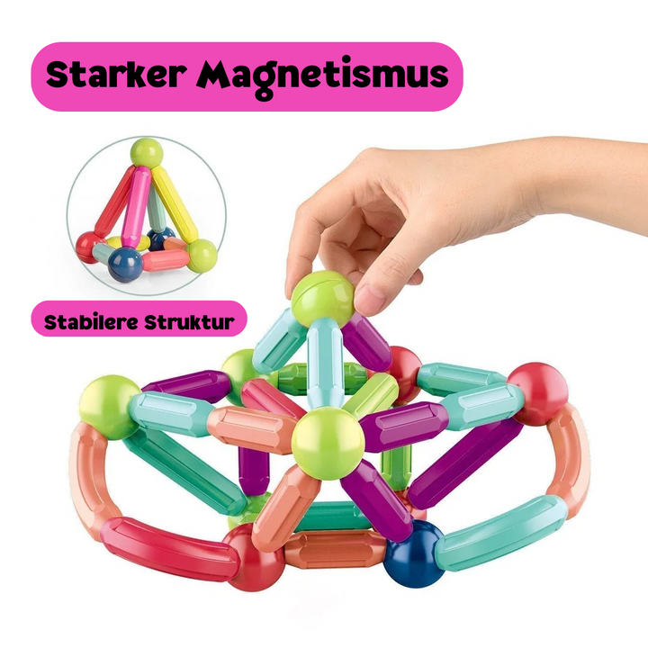 Familie spielt mit magnetischen Bausteinen, fördert kreatives Lernen & Bindung.