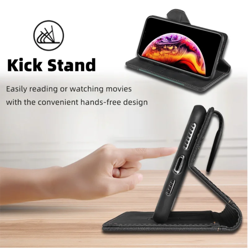 Elegante schwarze iPhone Flip-Lederhülle mit magnetischem Verschluss, bietet Stoßschutz & Wallet-Funktion.